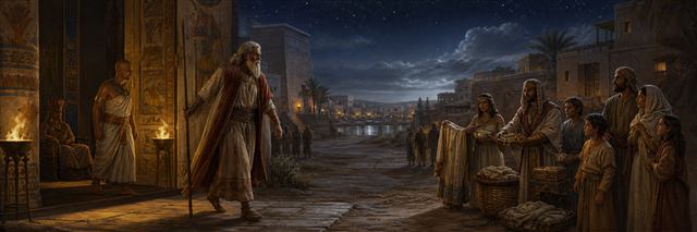 Moses leaving Pharaoh at night as Egyptian neighbors give valuables to Israelite families preparing to depart
