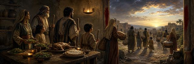 An Israelite household sharing the Passover meal ready to travel as families depart Egypt at dawn