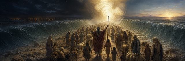 Israelite families crossing the divided sea on dry ground as Moses raises his staff toward the open way