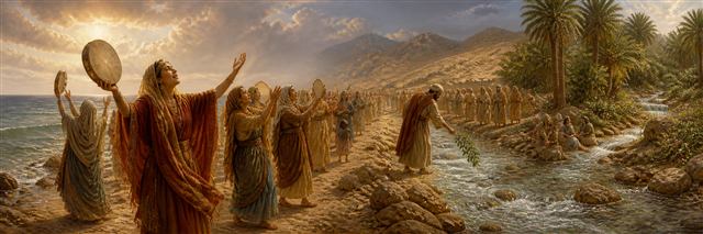 Miriam leading women with hand drums beside the sea as Moses tends the water on the journey toward Elim