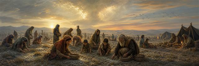 Israelite families gathering manna from the wilderness ground as the camp prepares for Sabbath rest