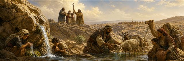 Families receiving water from the rock as Aaron and Hur support Moses' raised staff on the ridge