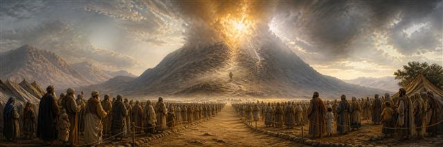 Israel gathered behind the boundary at Mount Sinai as Moses ascends toward the cloud and fire