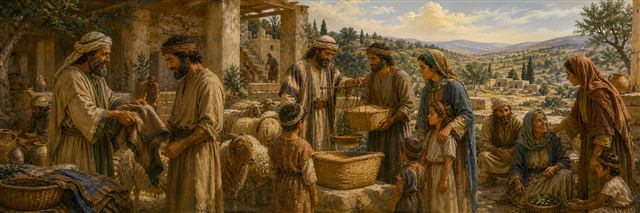Israelites restoring property and caring for vulnerable neighbors in a desert community