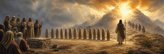 An altar and twelve covenant stones at Sinai as Moses and Israel's elders approach the mountain