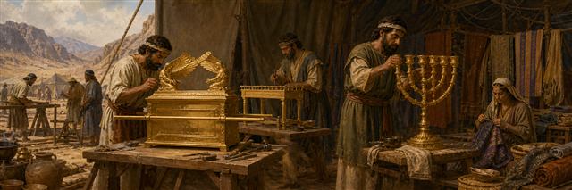 Skilled artisans crafting the ark, bread table, and lampstand from donated materials