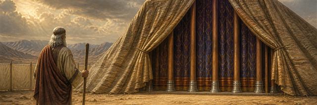Moses viewing the tabernacle's layered curtains, wooden frames, and closed inner veil