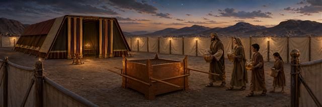 The bronze altar and linen courtyard with Israelites preparing pure olive oil for the lamp