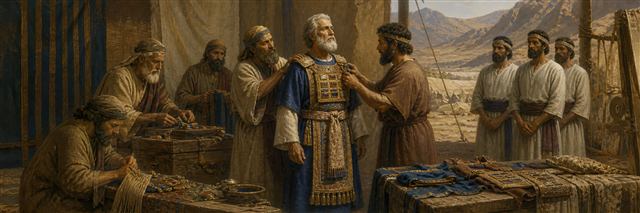 Aaron and his sons wearing carefully crafted priestly garments before the tabernacle