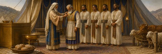 Moses consecrating Aaron with Aaron's four sons standing beside the altar