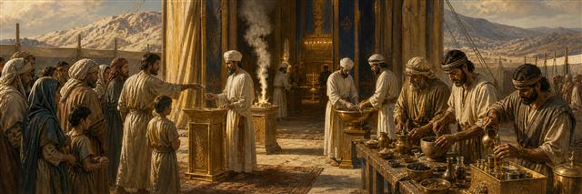 Priests tending the incense altar, bronze basin, anointing oil, and sacred incense