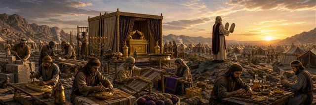 Skilled artisans working under Bezalel and Oholiab as Moses holds the covenant tablets