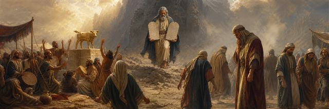 Moses descending Sinai with the tablets while the golden calf stands in Israel's camp