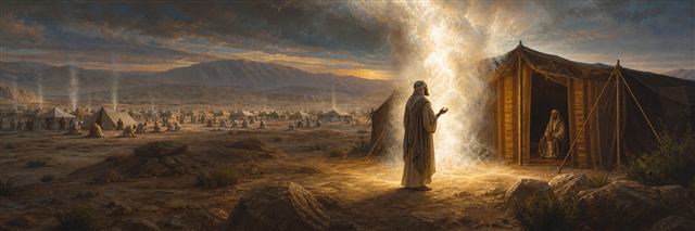 Moses at the tent of meeting outside Israel's camp with a luminous cloud at the entrance