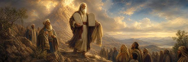 Moses descending Sinai with new stone tablets and a radiant face as Israel watches