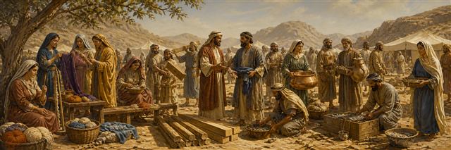 Israelite families bringing freewill offerings as skilled workers prepare tabernacle materials