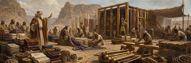 Artisans constructing the tabernacle as Moses asks the people to stop bringing abundant gifts