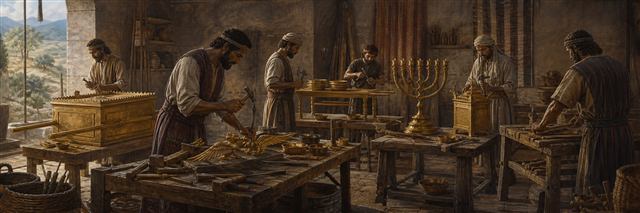 Bezalel and other artisans crafting the ark, bread table, lampstand, and incense altar