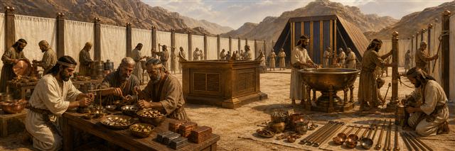 Artisans completing the bronze altar, basin, and courtyard while workers inventory donated metals
