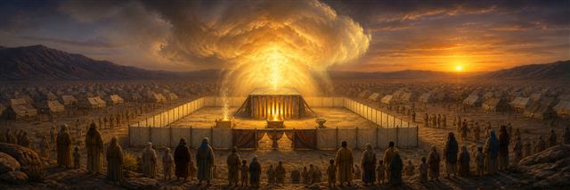 The completed tabernacle surrounded by Israel's camp beneath a luminous guiding cloud at dusk
