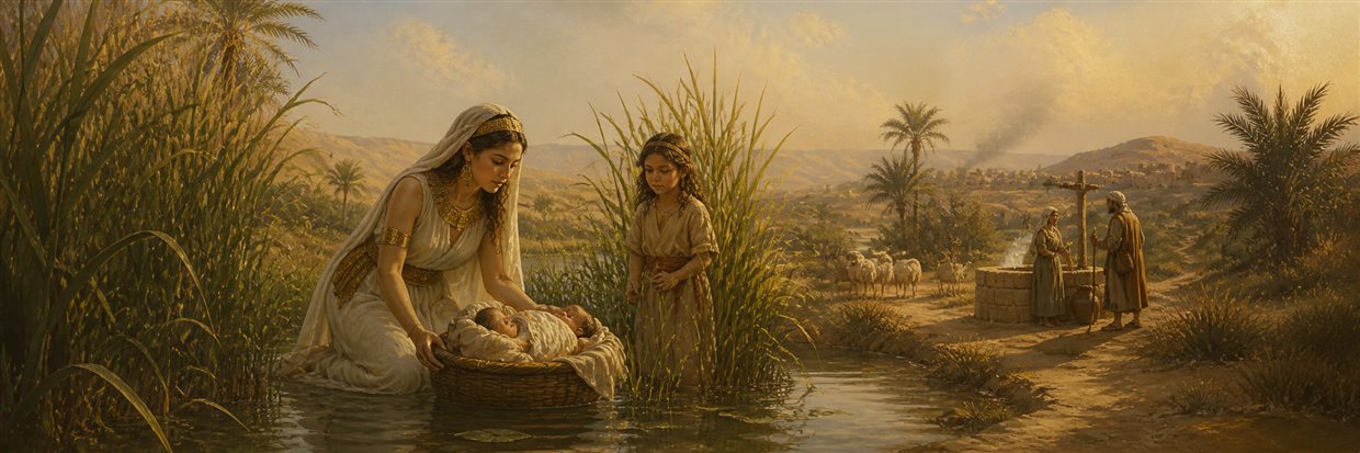 Pharaoh's daughter finding the infant Moses among the Nile reeds as Miriam watches