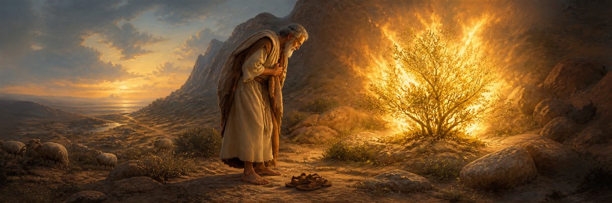 Moses standing barefoot before the burning bush on holy ground at Horeb