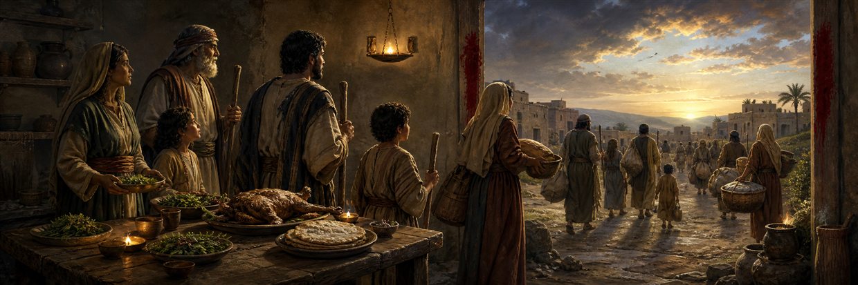 An Israelite household sharing the Passover meal ready to travel as families depart Egypt at dawn