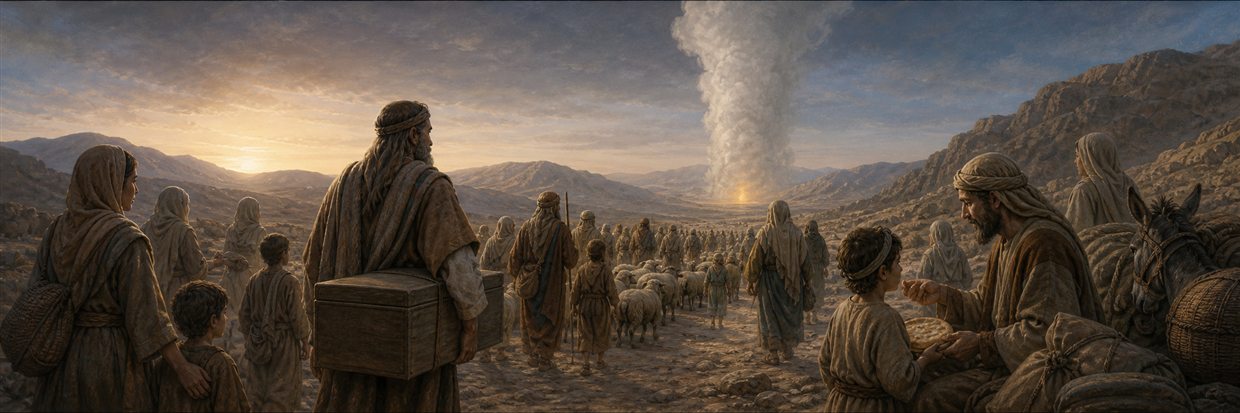 Israelite families following the cloud pillar as Joseph's covered remains are carried through the wilderness