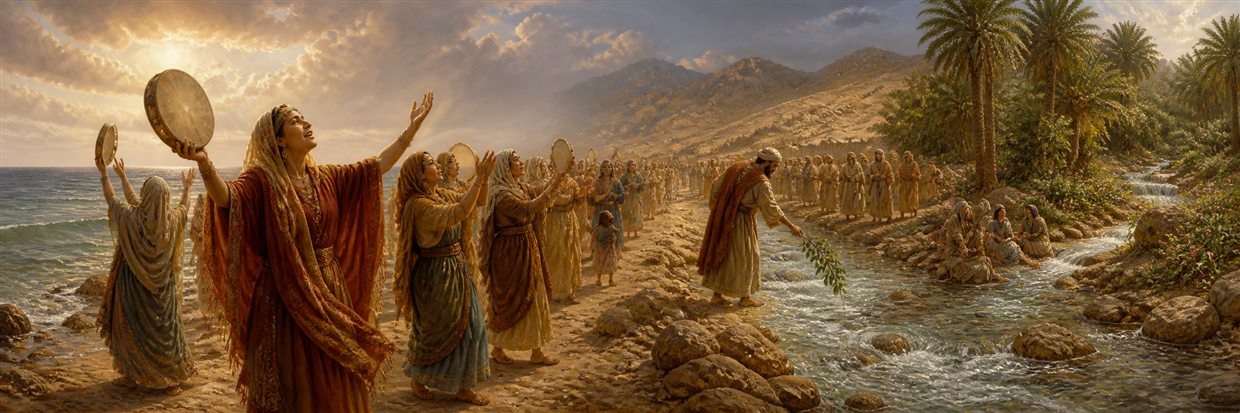 Miriam leading women with hand drums beside the sea as Moses tends the water on the journey toward Elim