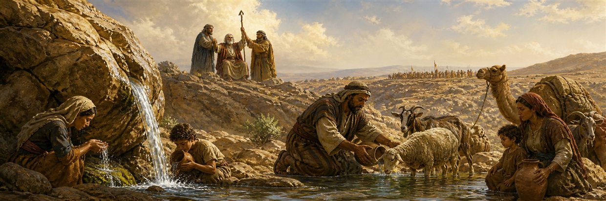 Families receiving water from the rock as Aaron and Hur support Moses' raised staff on the ridge