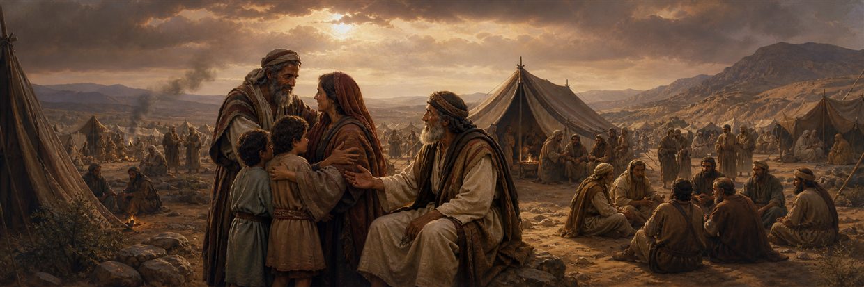 Jethro reuniting Moses with Zipporah and their sons as appointed leaders hear groups throughout the camp