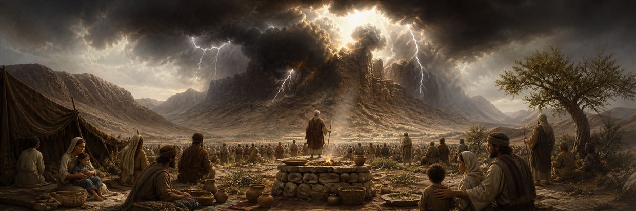 Moses approaching the thick cloud on Sinai as Israel stands at a reverent distance near an unhewn altar