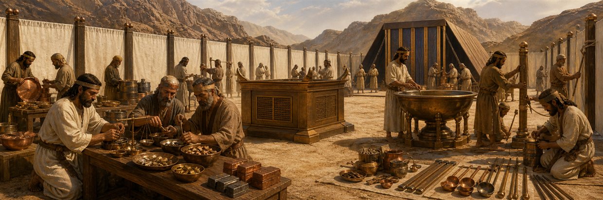 Artisans completing the bronze altar, basin, and courtyard while workers inventory donated metals