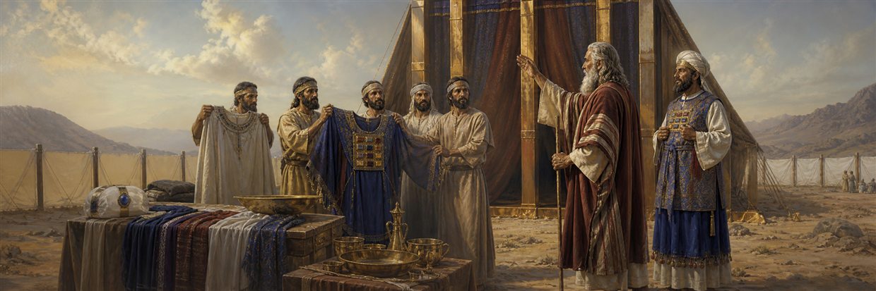 Artisans presenting completed priestly garments and tabernacle furnishings for Moses to inspect