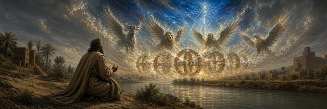 Ezekiel watches winged living creatures and radiant intersecting wheels appear above the Chebar canal