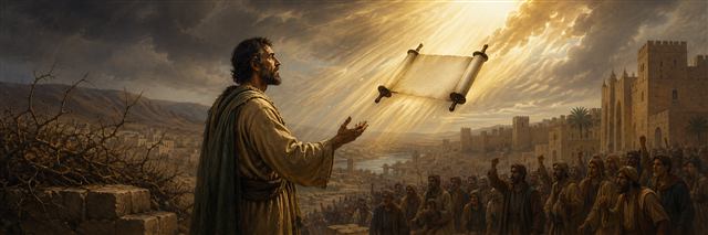 Ezekiel reaches toward a blank scroll in radiant light while a resistant crowd gathers below