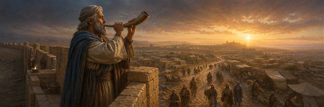 Ezekiel sounds a horn from a stone watchtower as travelers and exiles gather below