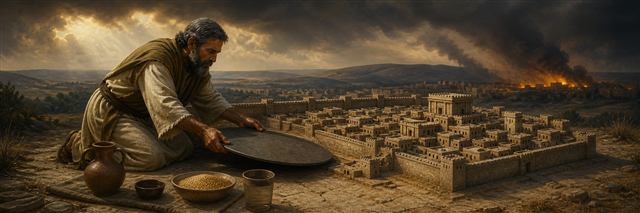 Ezekiel places an iron plate beside a detailed clay model of besieged Jerusalem and measured rations