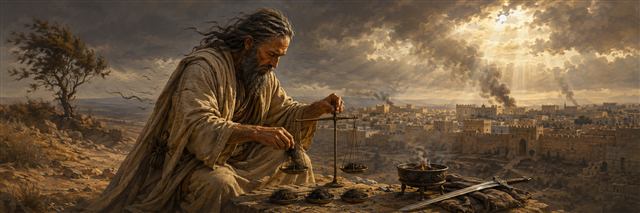 Ezekiel weighs and divides clipped hair beside a brazier and sword while strands scatter toward Jerusalem