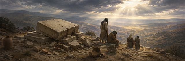 A plain stone altar lies toppled on a mountain as humbled survivors descend toward a sunlit valley