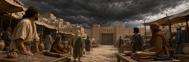 Merchants lower their scales in a silent marketplace as a dark storm gathers over the closed city gate
