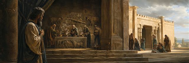 Ezekiel watches elders offer incense before animal images in a shadowed temple chamber while women mourn outside