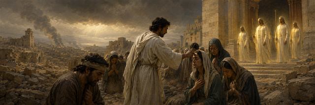 A linen-clad messenger places a small mark on a grieving woman's forehead among Jerusalem's ruins