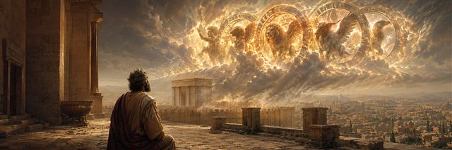 Ezekiel watches radiant living creatures and interlocking wheels rise above Jerusalem's temple in a luminous cloud