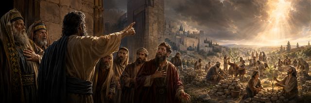 Ezekiel confronts leaders at Jerusalem's gate while exiled families plant young trees beneath returning light
