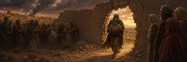 Ezekiel carries an exile's bundle through a broken wall at dusk while the community watches