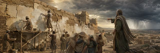 Workers spread white plaster over a deeply cracked city wall as Ezekiel points toward an approaching rainstorm