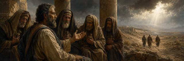 Ezekiel addresses solemn elders holding small idols while three righteous travelers cross the distant wilderness