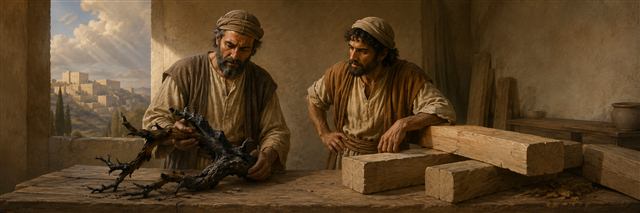 Two carpenters examine a charred grapevine branch beside strong cedar beams in a plain workshop