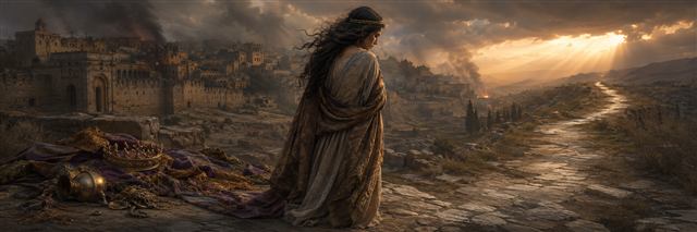 A humbled woman representing Jerusalem leaves a crown and royal adornments beside a damaged city and turns toward light